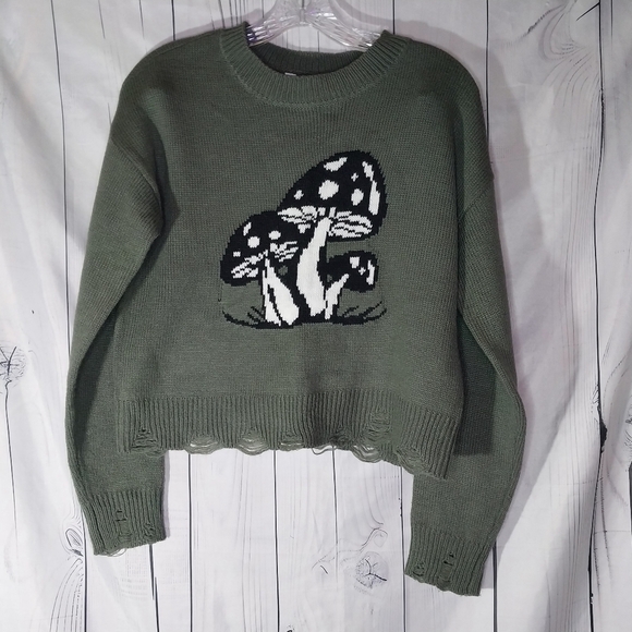 No Boundaries Sweaters - No Boundaries Olive Mushroom Graphic Cropped Grunge Distressed  Sweater